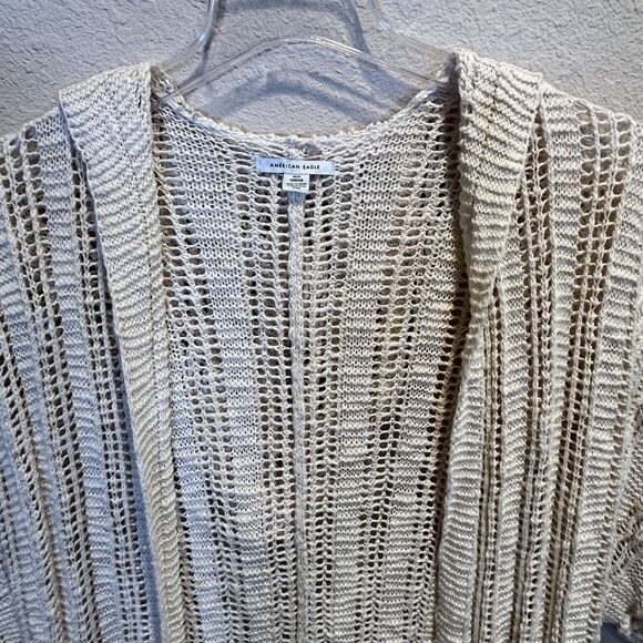 American Eagle Women's Sweater XS/S Beige Crochet Duster Open Front Wrap Hood - Picture 3 of 11